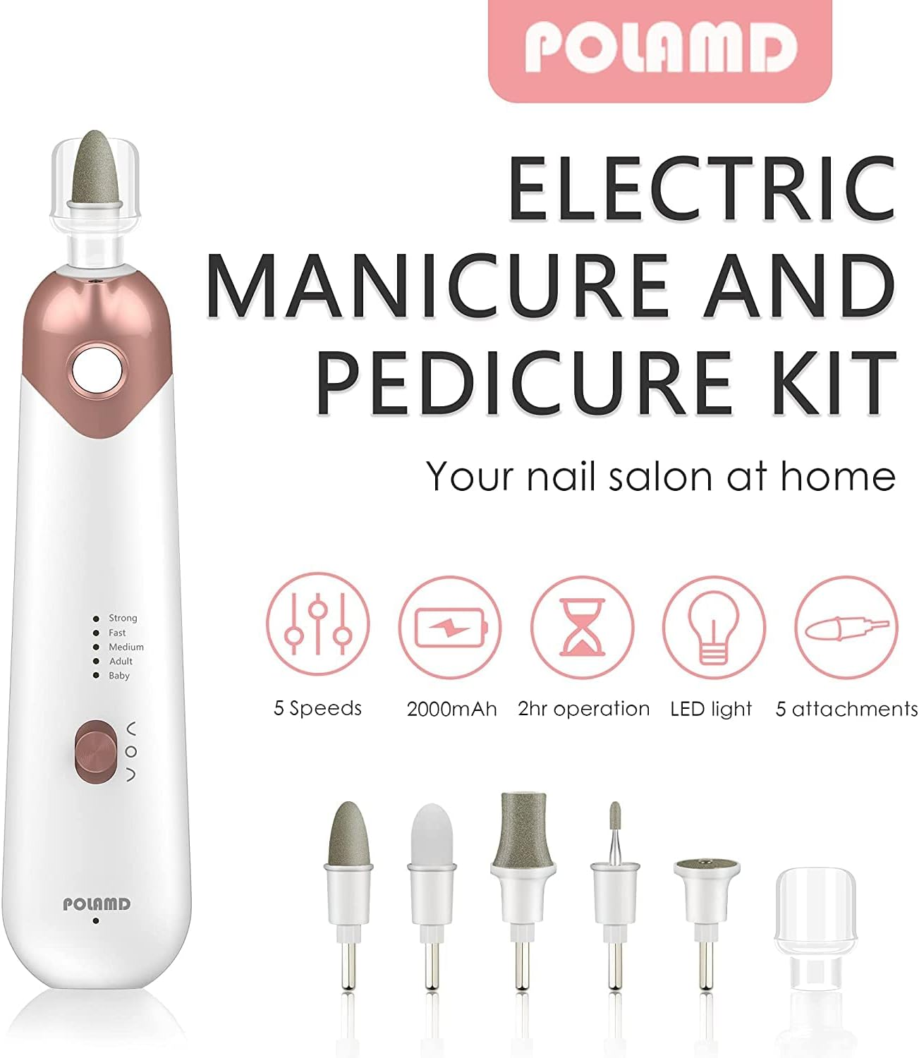 POLAMD Portable Electric Nail Drill,Manicure Pedicure Kit, File Set,Cordless Drills Machine, 5 Speeds Hand Foot Care Tool for Home Salon Use(White) ,1.0 Count image number 3