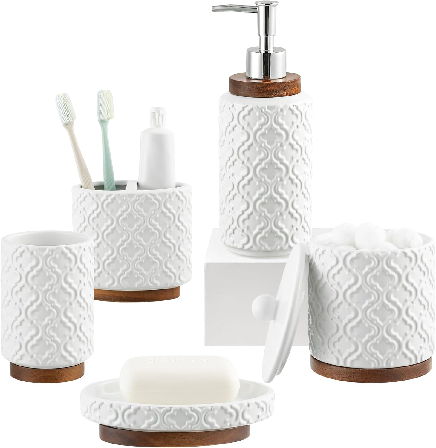 RQYIXI Embossed Ceramic Bathroom Accessory Set with Dark Brown Burnt Wood, Moroccan Trellis Patterns Soap Dispenser Set for Counter Top White Bathroom Set(Moroccan Trellis)