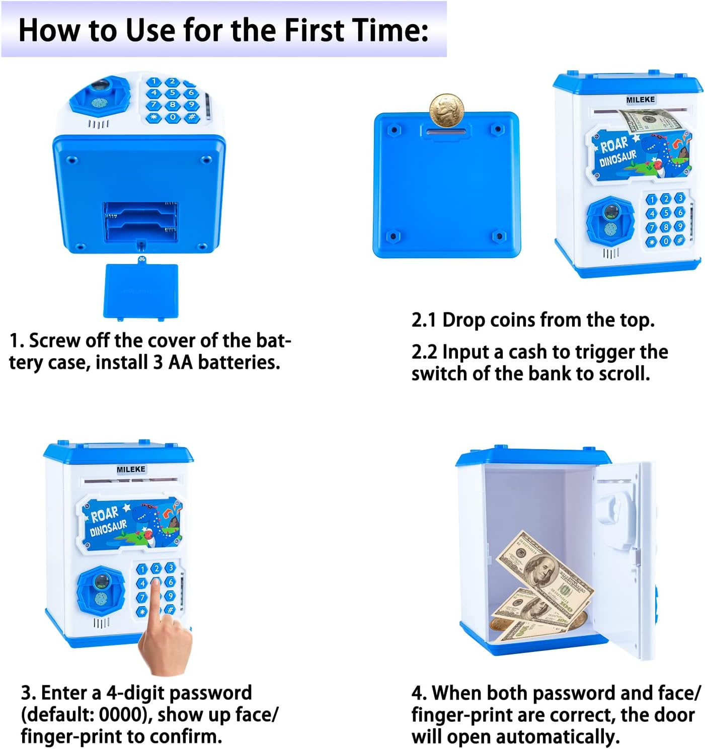 MILEKE Electronic Piggy Bank for Kids Toys, Password + Fingerprint/Face Recognition, ATM Money Bank, Auto Roll-In Cash Safe & Coin Saving Bank, Blue Dinosaur image number 1