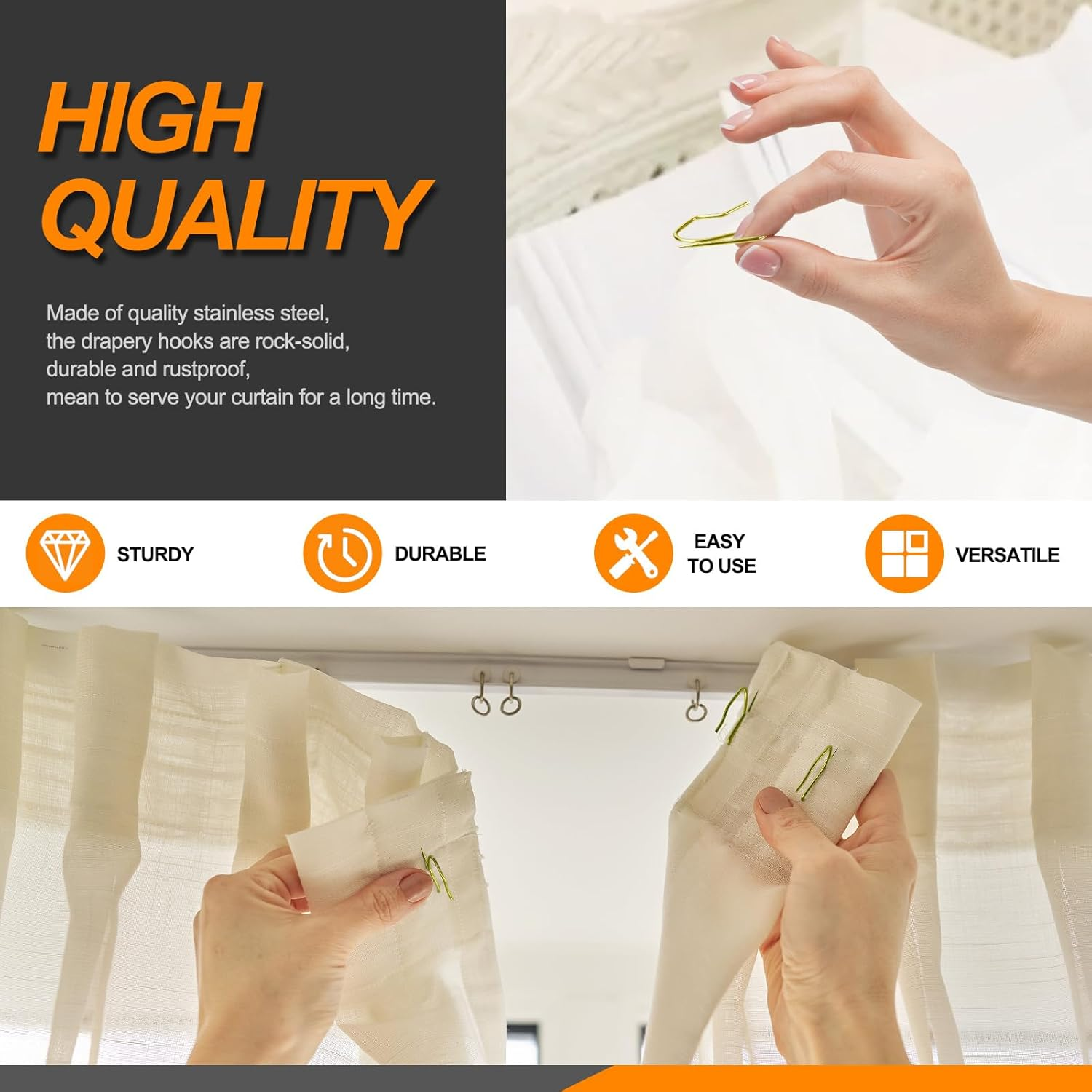 Rustark 58Pcs Bronze Metal Curtain Hooks - Stainless Steel Heavy Duty Pin-On Drapery Hooks for Pinch Pleat Drapes, Window, Door and Shower - Track Hook image number 4