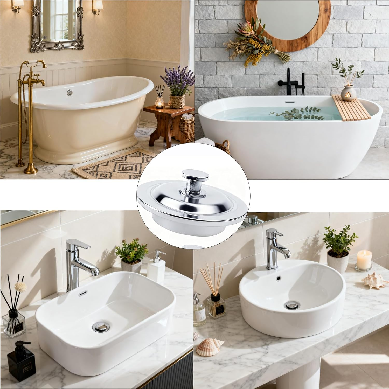 Loimon Universal Drain Plug 42-44Mm, Stainless Steel Bath Sink Stopper with Silicone Seal - Basin Waste Plug Replacement for Kitchen Sink, Bathroom Vanity & Bathtub (2 Pack, White) image number 3