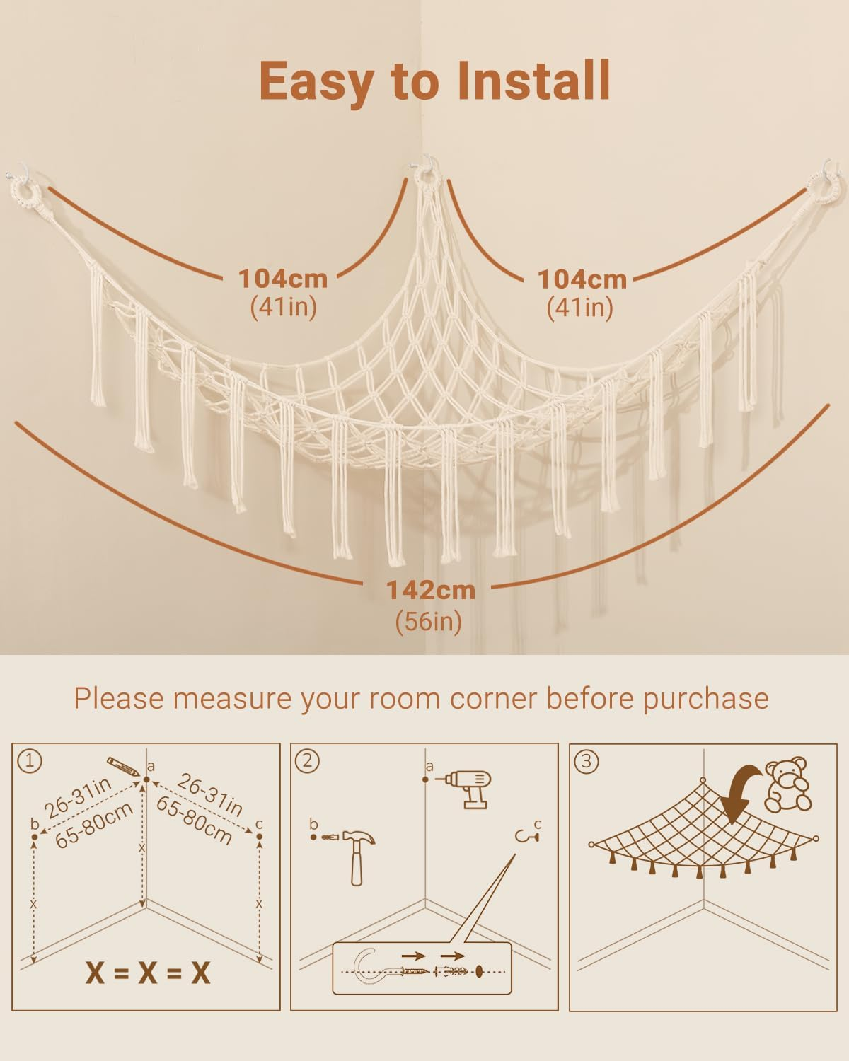 2 Pack Toy Hammock, Macrame Toy Storage Net for Stuffed Animals, Corner Nursery Hanging Organizer for Soft Toys and Teddy Bears image number 5