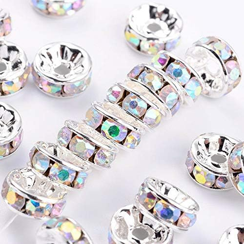 Allb 100Pcs Rondelle Spacer Beads 8Mm Silver Plated Czech Crystal Rhinestone for Jewelry Making Loose Beads for Bracelets image number 1
