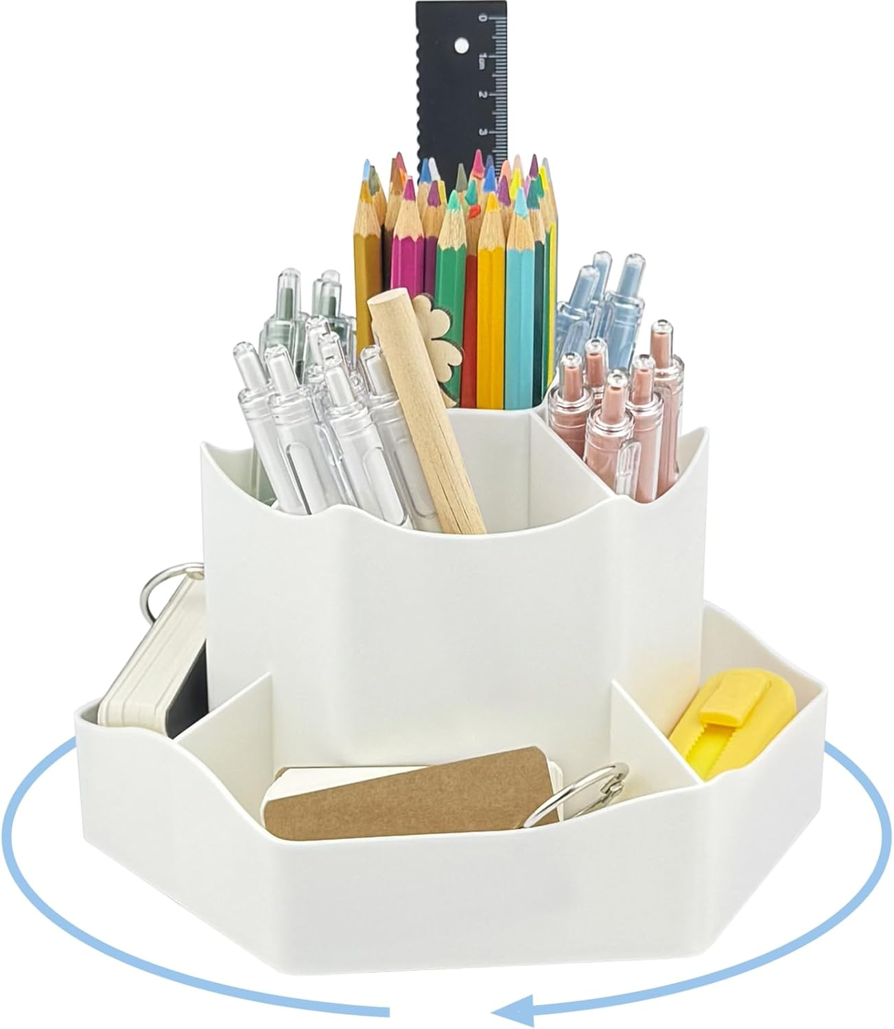 Pencil Pen Holder, 360&deg; Spinning Desk Organizer with 9 Tiered Compartments for Pens, Makeup Brushes, Kitchen Utensils & Crafts, Sturdy Lazy Susan Design -White image number 4