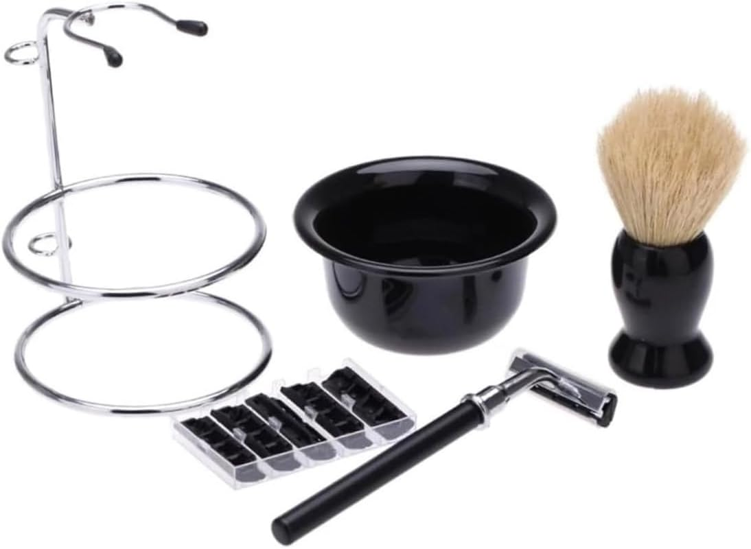 Jade Deals 5PCS Shaving Kit Set - 5.7&times;3.82In Chrome Stand, Safety Manual Razor, Soft Bristle Brush, Shaving Bowl, Men'S Grooming Essentials for Traditional Wet Shave image number 2