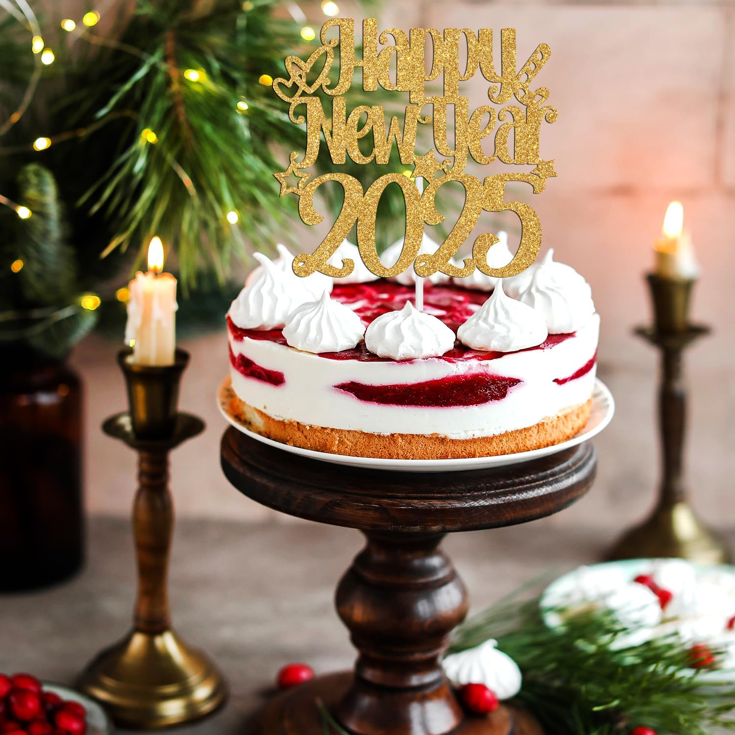 Happy New Year 2025 Cake Topper, Happy Holiday/Merry Christmas Cake Decor, New Year'S Eve Festival Party Decoration Suppllies, Gold Glitter image number 4