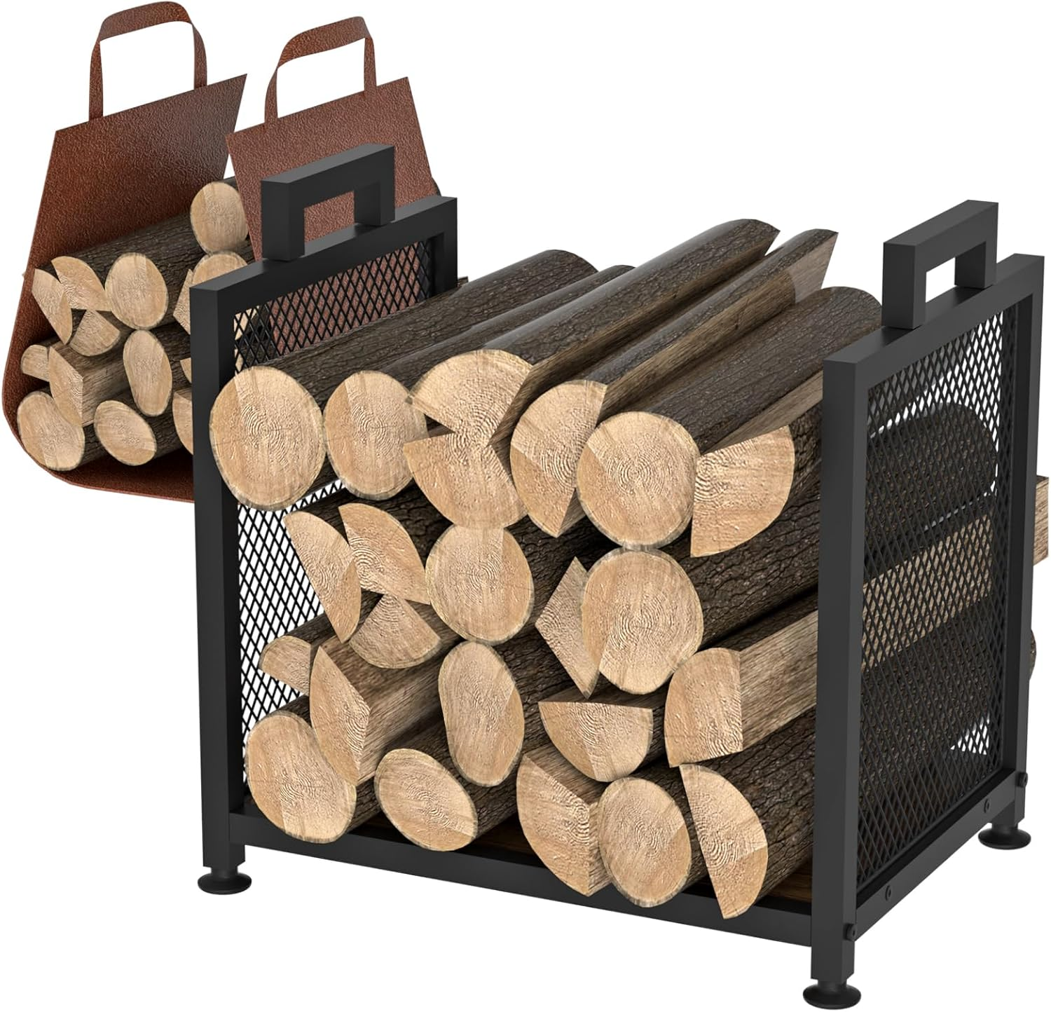 Firewood Rack for Indoor, Heavy Duty Fire Wood Racks Holder, 17.32" Metal Wood Storage Log Holder with Leather Carrier, Small Firewood Stand for Fireplace Patio Deck, Black