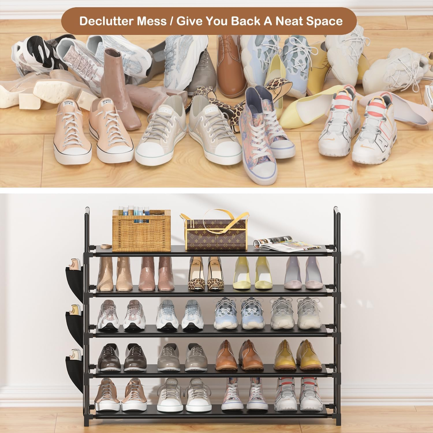 Shoe Rack 5 Tier Shoe Organizer Shoe Storage 20-25 Pairs Black Shoe Rack for Closet Entryway Space Saving Bedroom Garage Door image number 7