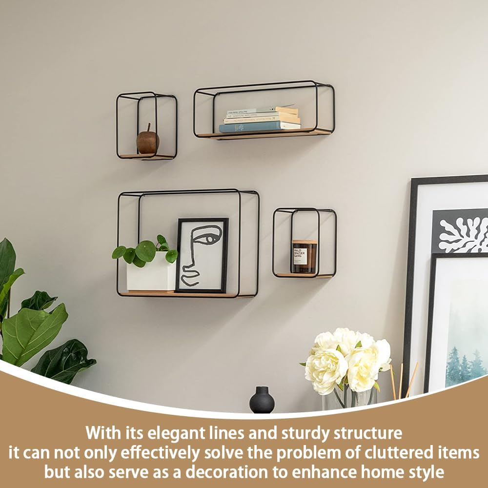 Wall Shelves, 4-Part Shelving Unit Made of Metal and Real Wood Veneer, Wall Decor, Storage and Book Shelf for Bathroom, Living Room, Kitchen, Bedroom and More, Black image number 2