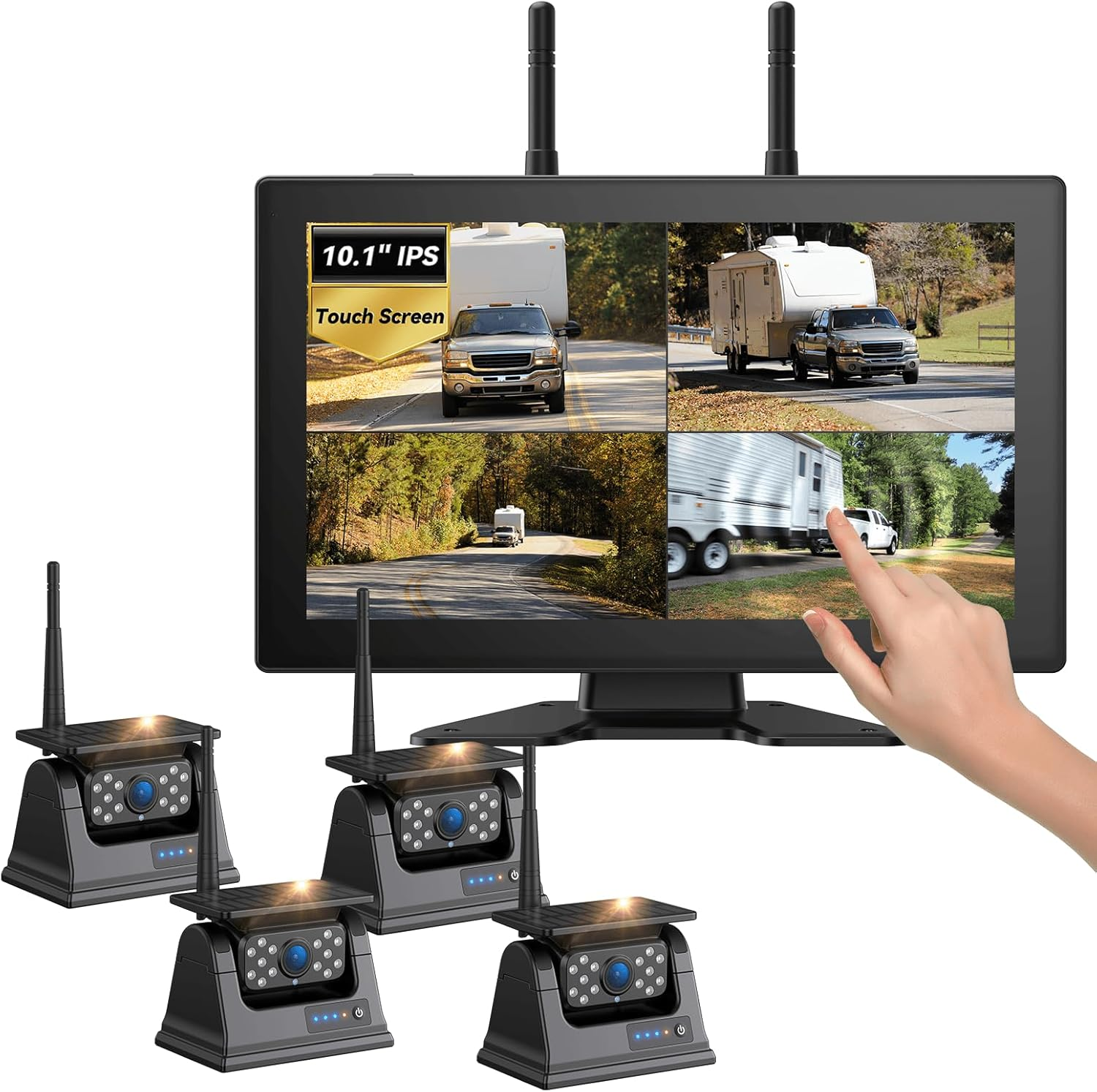 4 Magnetic Solar Wireless Backup Camera System: Easy Setup Trailer Camera Wireless with HD1080P 10.1" IPS Touchscreen 15,000Mah Rechargeable Camera for Truck,Tractor,Excavator,Caravan,Skid Steer image number 1