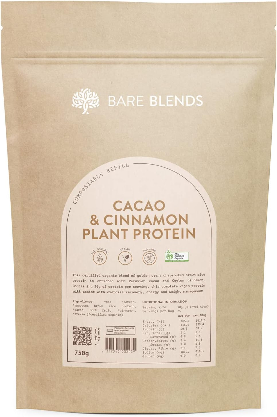 Bare Blends Cacao & Cinnamon Plant Protein | Vegan Protein Powder | Certified Organic | Gluten Free (750G) image number 1