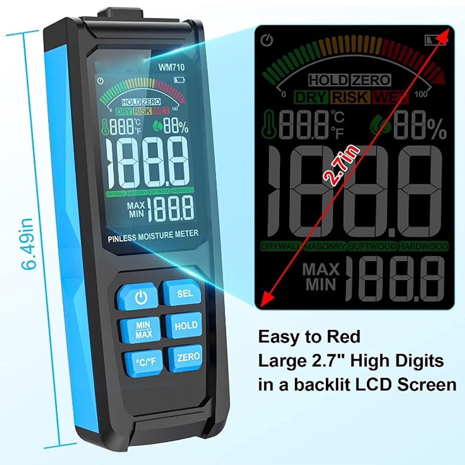 Pinless Moisture Meter for Leak Detection, Digital Wood Moisture Detector Wall Humidity Sensor Water Damage Detector for Building Materials image number 2