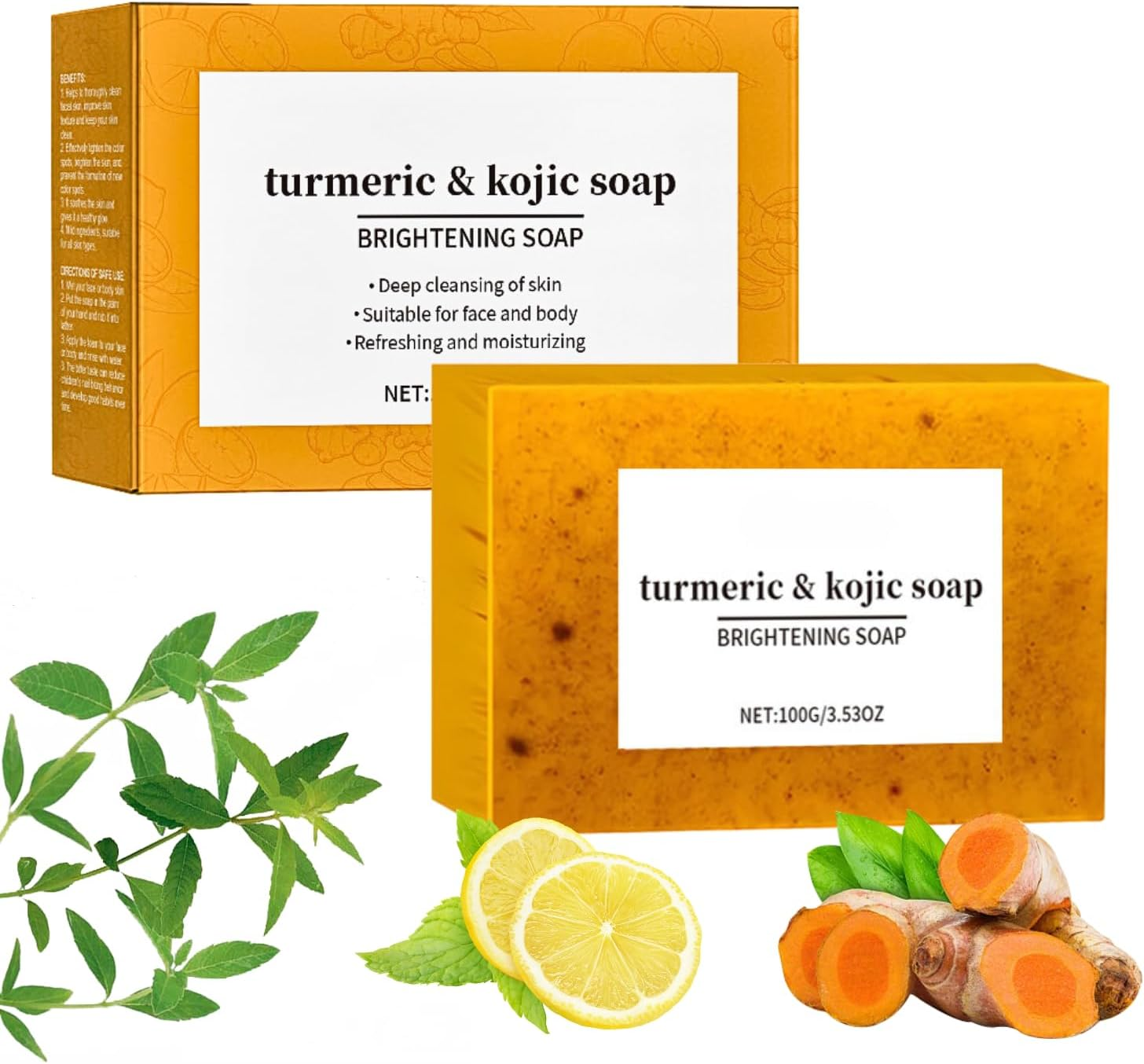 Natural Turmeric Soap, Kojic Acid & Turmeric Soap, Kojic Acid Lemon Soap Bar, Acne, Dark Spots, Hyperpigmentation & Smooth Skin, Brightening, Deep Cleansing, Refreshing, Moisturizing image number 2