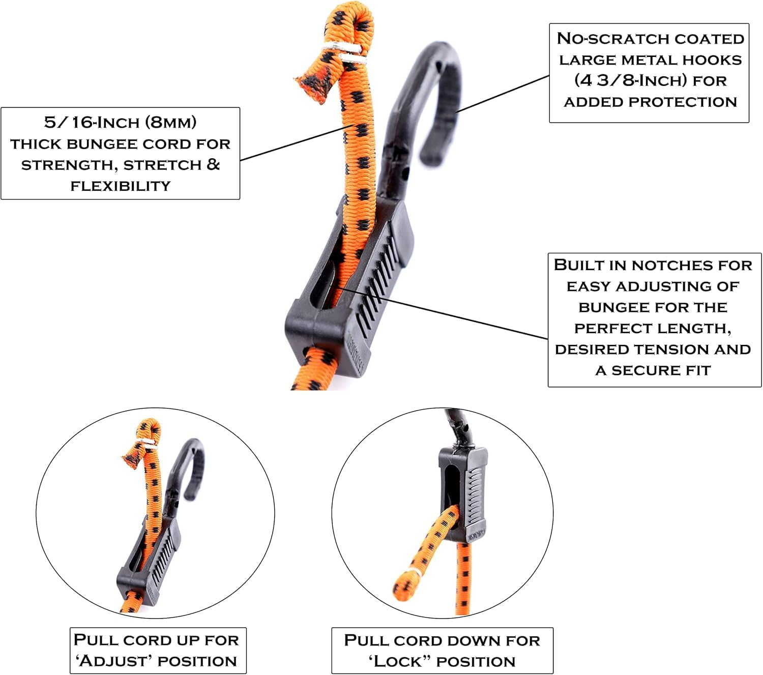 Kotap MABC-ASMT All- Purpose Adjustable Bungee Cords with Hooks, Assorted, Orange/Black, 10 Count image number 5