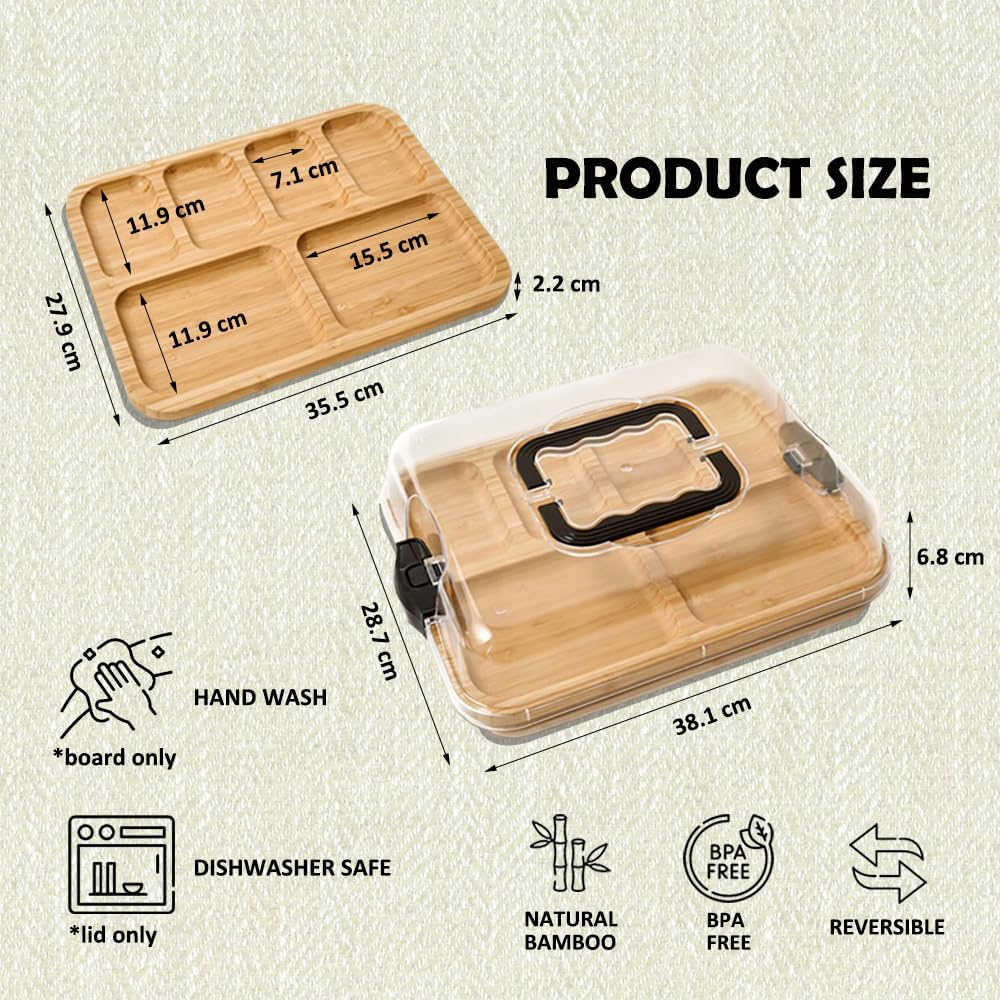 Premium Charcuterie Board Cheese Bamboo Board with Locking Lid Travel Cheese Board with Handle Snack Tray for Picnic Party Camping House Warming Gifts image number 4