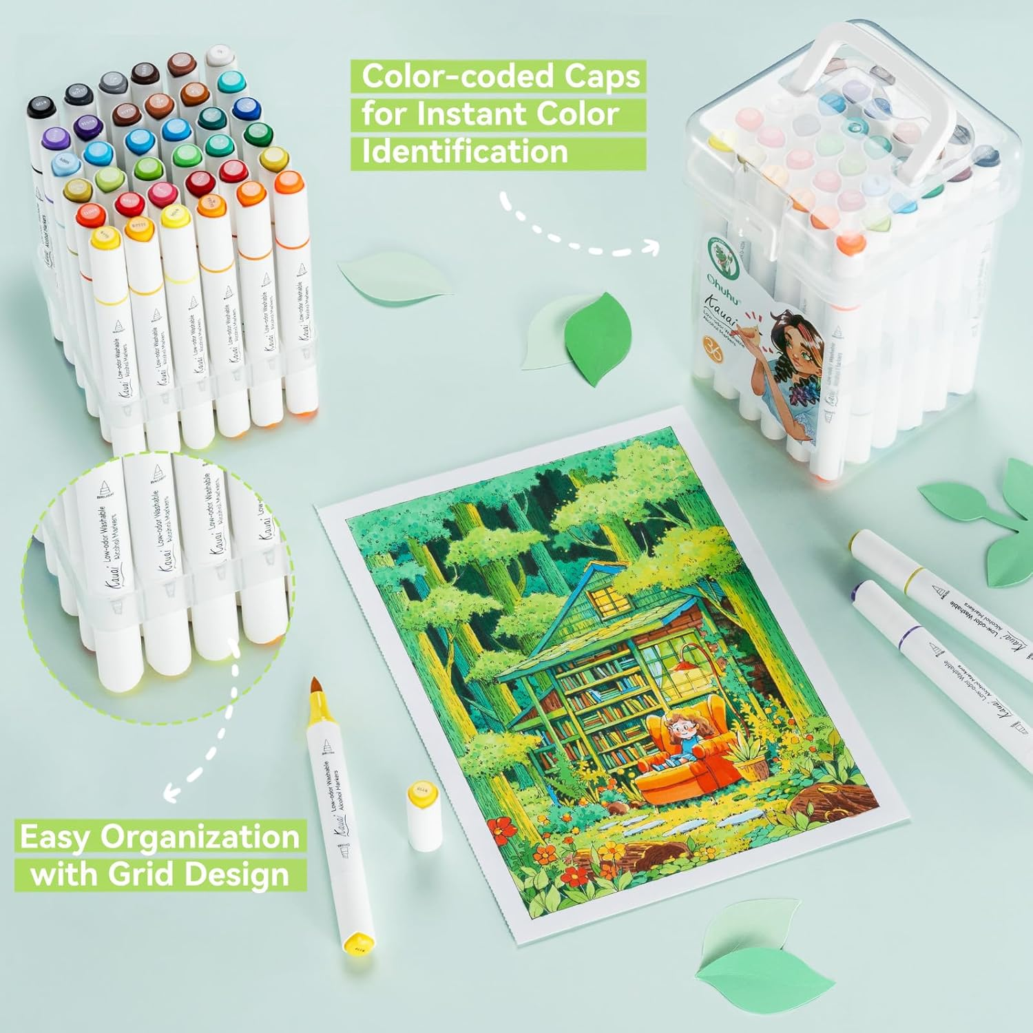 Ohuhu Washable Alcohol Markers Low-Odor: Brush & Chisel Dual Tips Washable 36 Colors Low-Odor Art Markers for Adults Coloring Illustration Comics - Kauai Series of Ohuhu image number 4