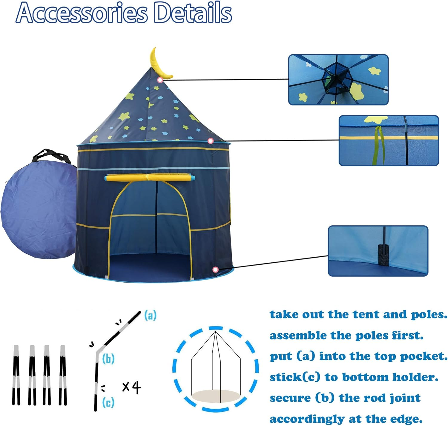 Kids Play Tent Teepee Tent Pop-Up Princess Prince Castle Play Tent with Star Lights EN71 ASTM Certified Indoor Outdoor Portable Playhouse Boys & Girls Birthday Gift (Moon Blue) image number 5