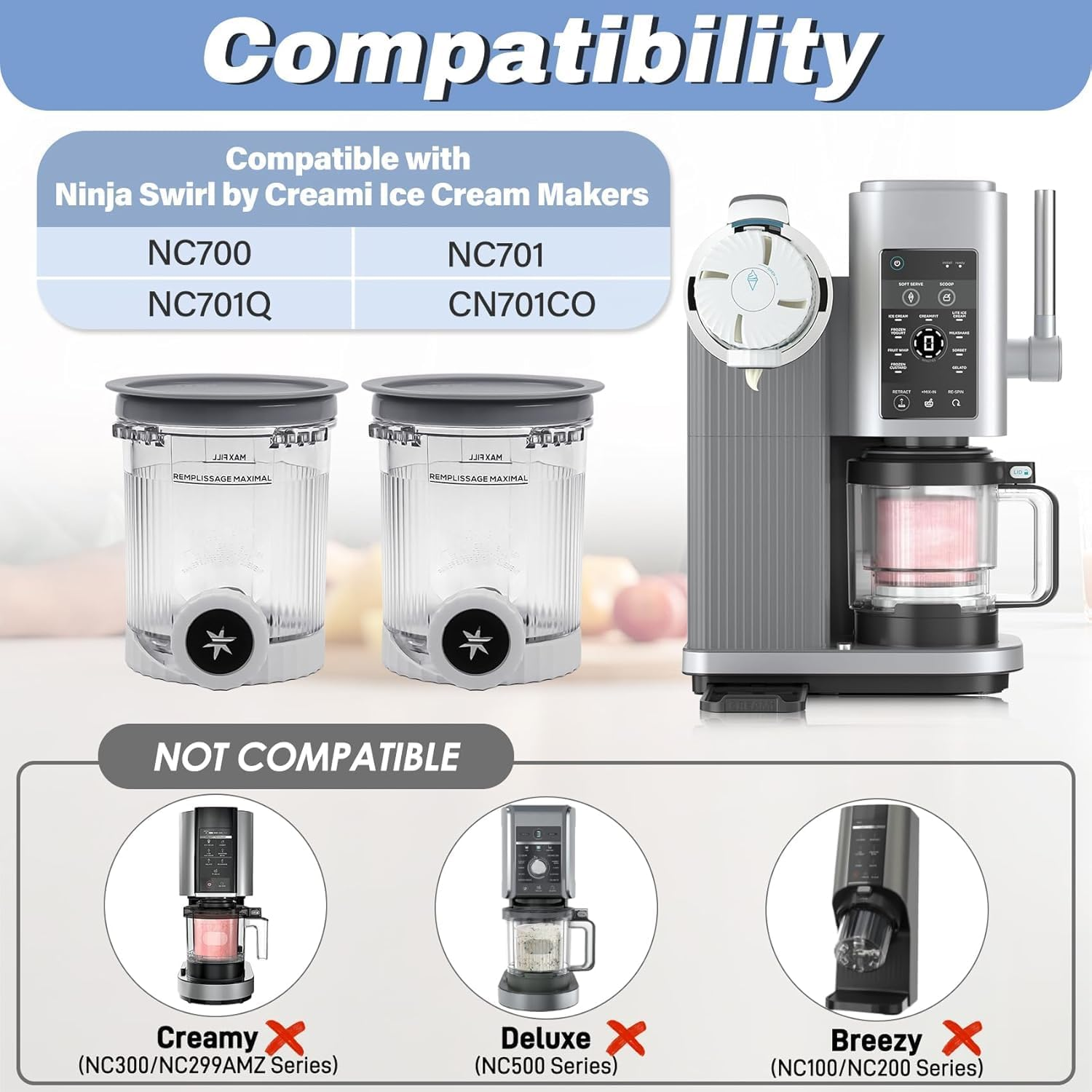 2 Pack Pint Containers Replacement for Ninja Swirl Ice Cream & Soft Serve Makers, 16Oz Creami Swirl Pints and Lids Compatible with NC700 NC701 Series, Bpa-Free & Dishwasher Safe image number 3