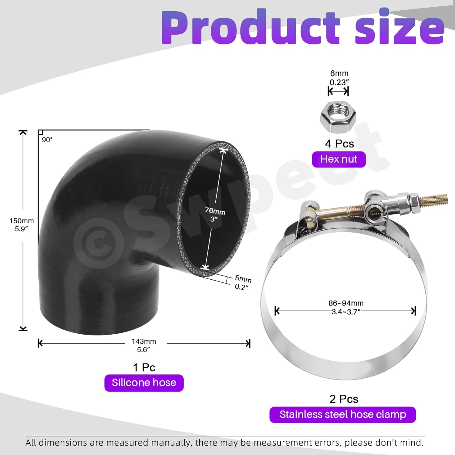 Swpeet 7Pcs 3 Inch - 76Mm 90 Degree Elbow 4-Ply Reinforced Silicone Hose with 86-94Mm T Bolt Hose Clamp and 6Mm Hex Nut Kit, Automotive Pure Silicone Hose for Turbo Intake Intercooler