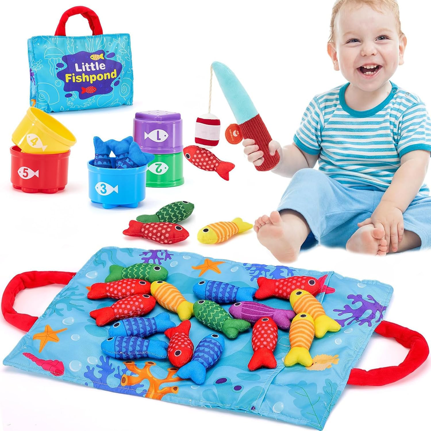 Toddler Toys Montessori Toys for 1-3 Year Old Boy Girl Birthday Gift, 22 Pcs Cloth Fishing Game with Stacking Cups- Number Counting, Color Sorting, Shape Learning Toddler Boy image number 6