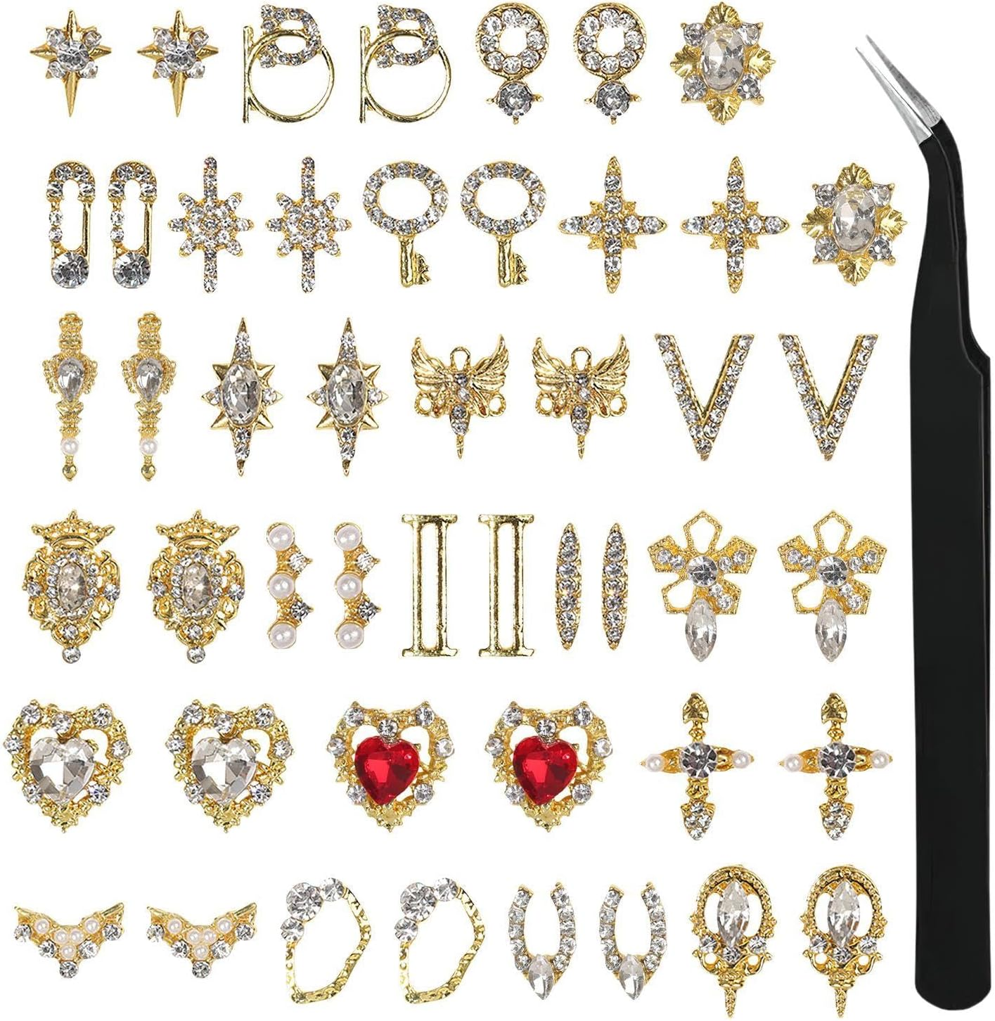 48Pcs Manicure Alloy Zircon Diamond, 1 Piece Manicure Tweezers, Manicure Gemstone Accessories, Women Manicure Decoration, DIY Manicure Art Tool Accessories