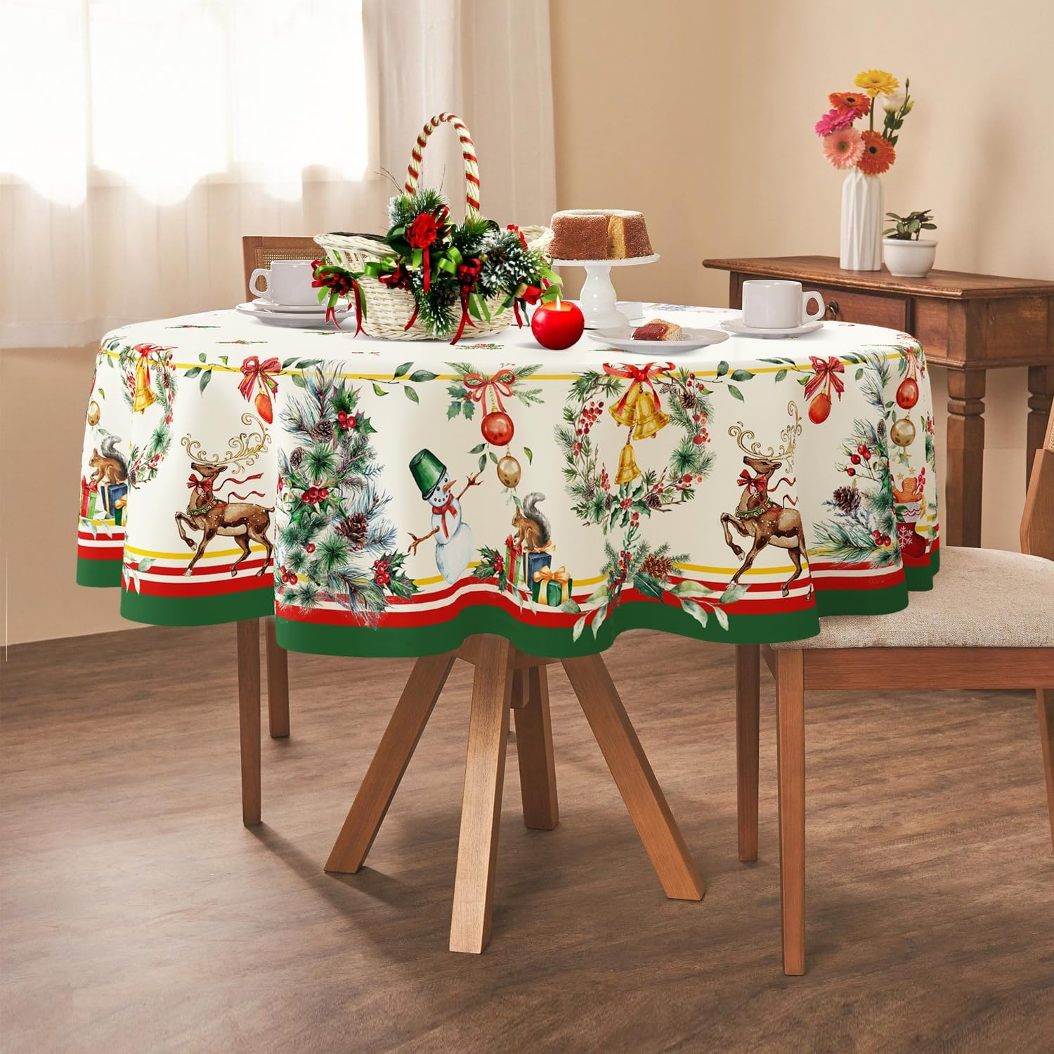 Yighty round Christmas Tablecloth 60 X 60In,Christmas Tree Elk Holiday Decoration Table Cloth,Polyester Waterproof and Wrinkle-Resistant Durable Christmas Tablecloth for Kitchen,Winter and Home Decor image number 3