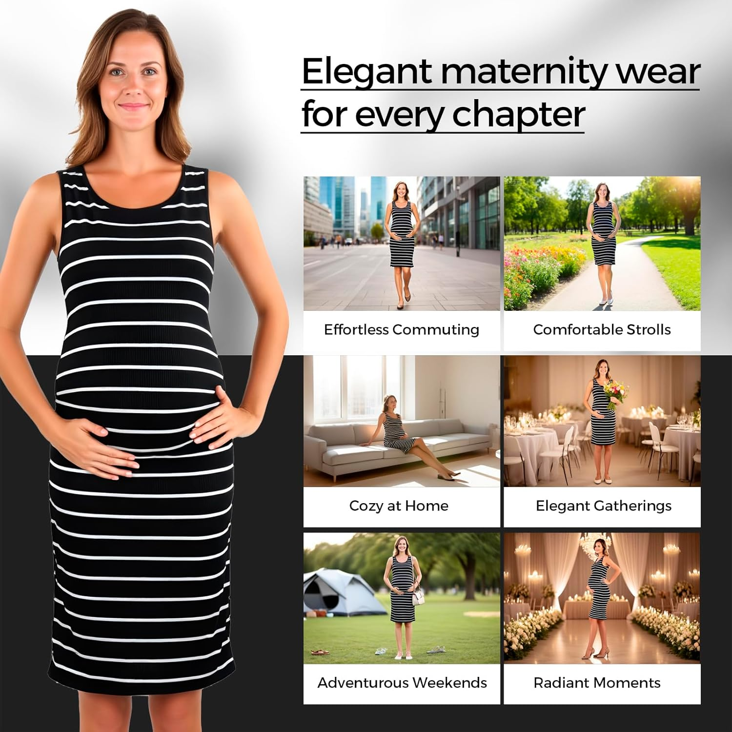 Maternity Dress Sleeveless round Neck Stretchy Striped Mid-Length