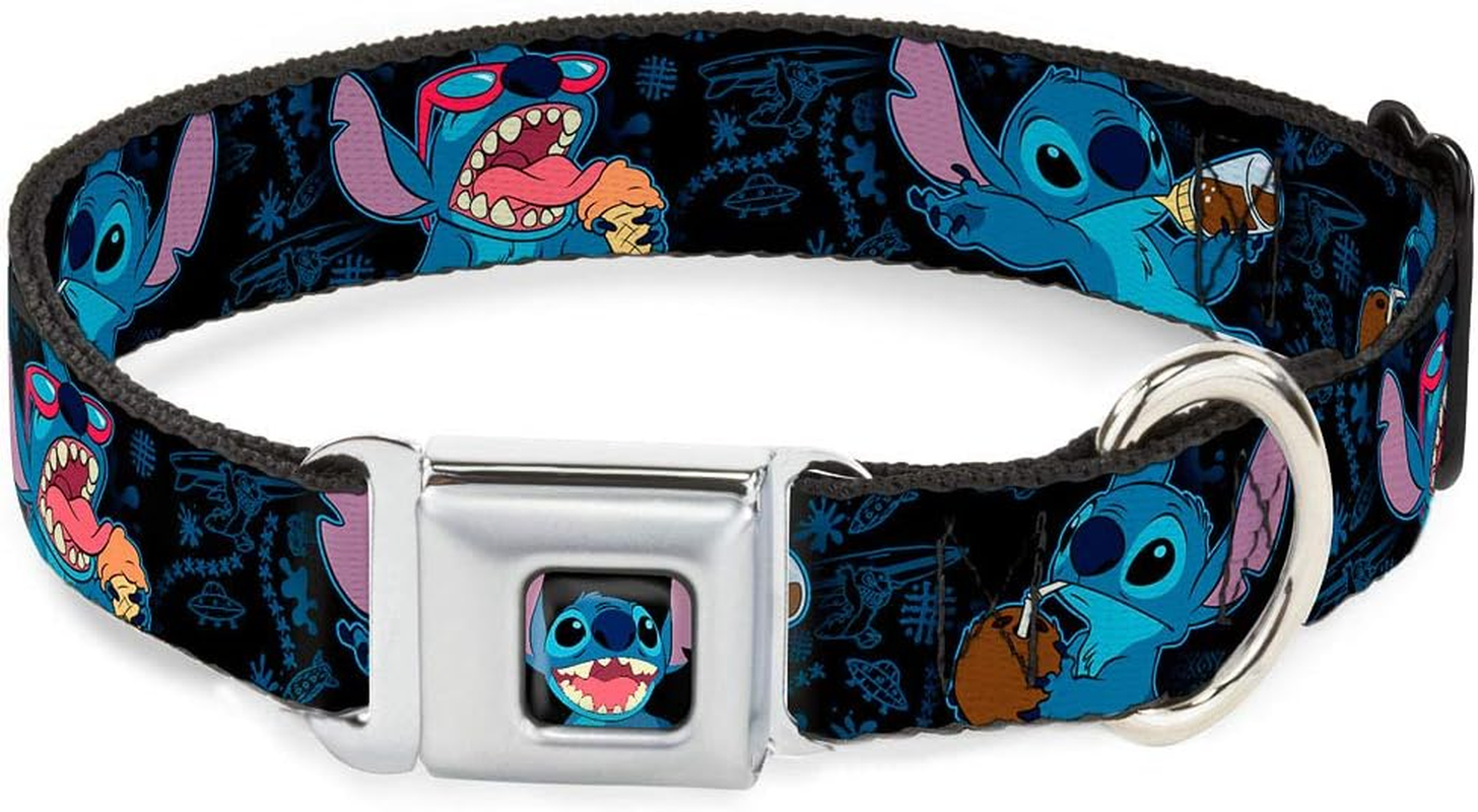 Buckle-Down Seatbelt Buckle Dog Collar - Stitch Snacking Poses Black/Blue - 1" Wide - Fits 15-26" Neck - Large