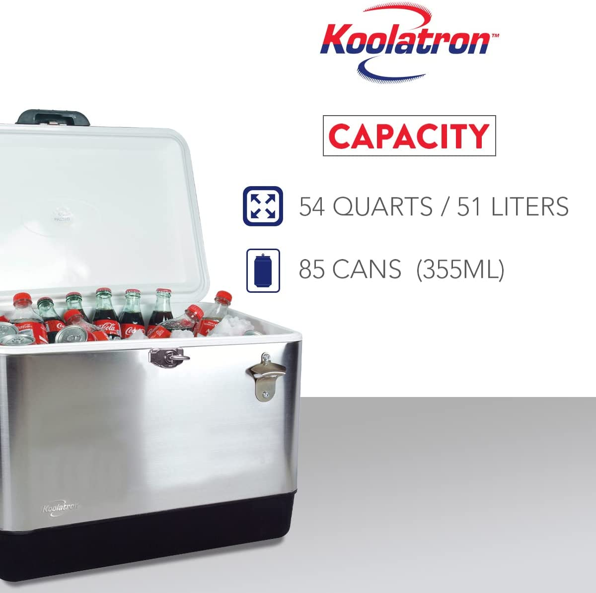 Koolatronstainless Steel Ice Chest Beverage Cooler with Bottle Opener, 51 L (54 Qt), 85 Can Capacity Portable Cooler, Silver and Black, for Camping, Beach, RV, Bbqs, Tailgating, Fishing