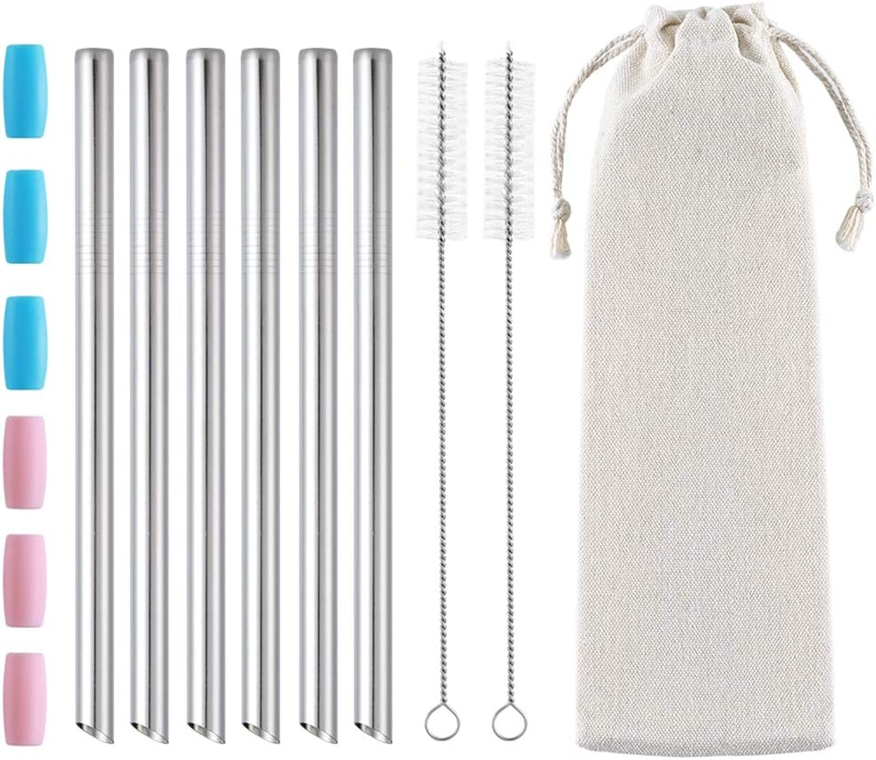 6 Pcs Reusable Bubble Tea Straws, Boba Straws 12Mm Wide Stainless Steel, Angled Tips Metal Straws for Bubble Tea, Milkshakes, Smoothies with Cleanning Brush & Case (Rainbow)