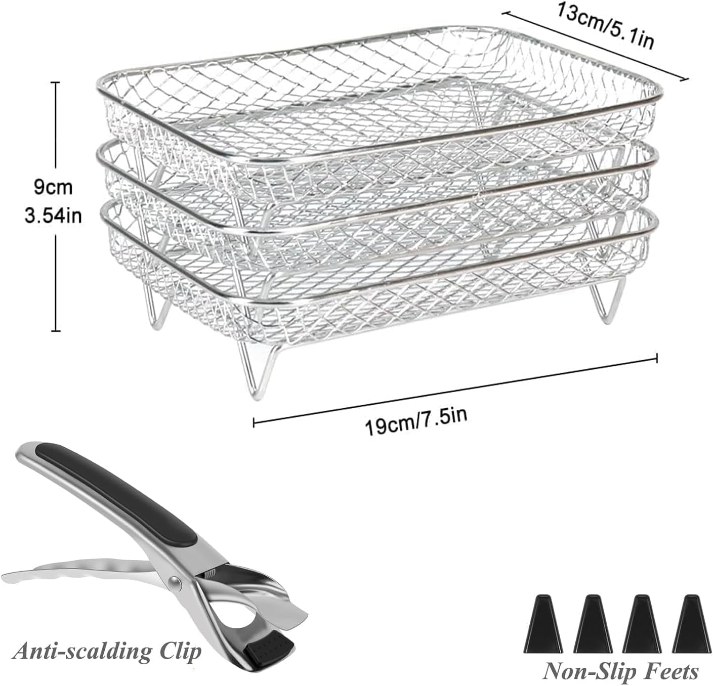 Air Fryer Rack for Ninja Air,3 Layers Stainless Steel Air Fryer Shelf Stackable Dehydrator Racks with Clip and Silicone Feet Air Fryer Accessories for Dual Air Fryer, Oven (Rectangular) image number 3