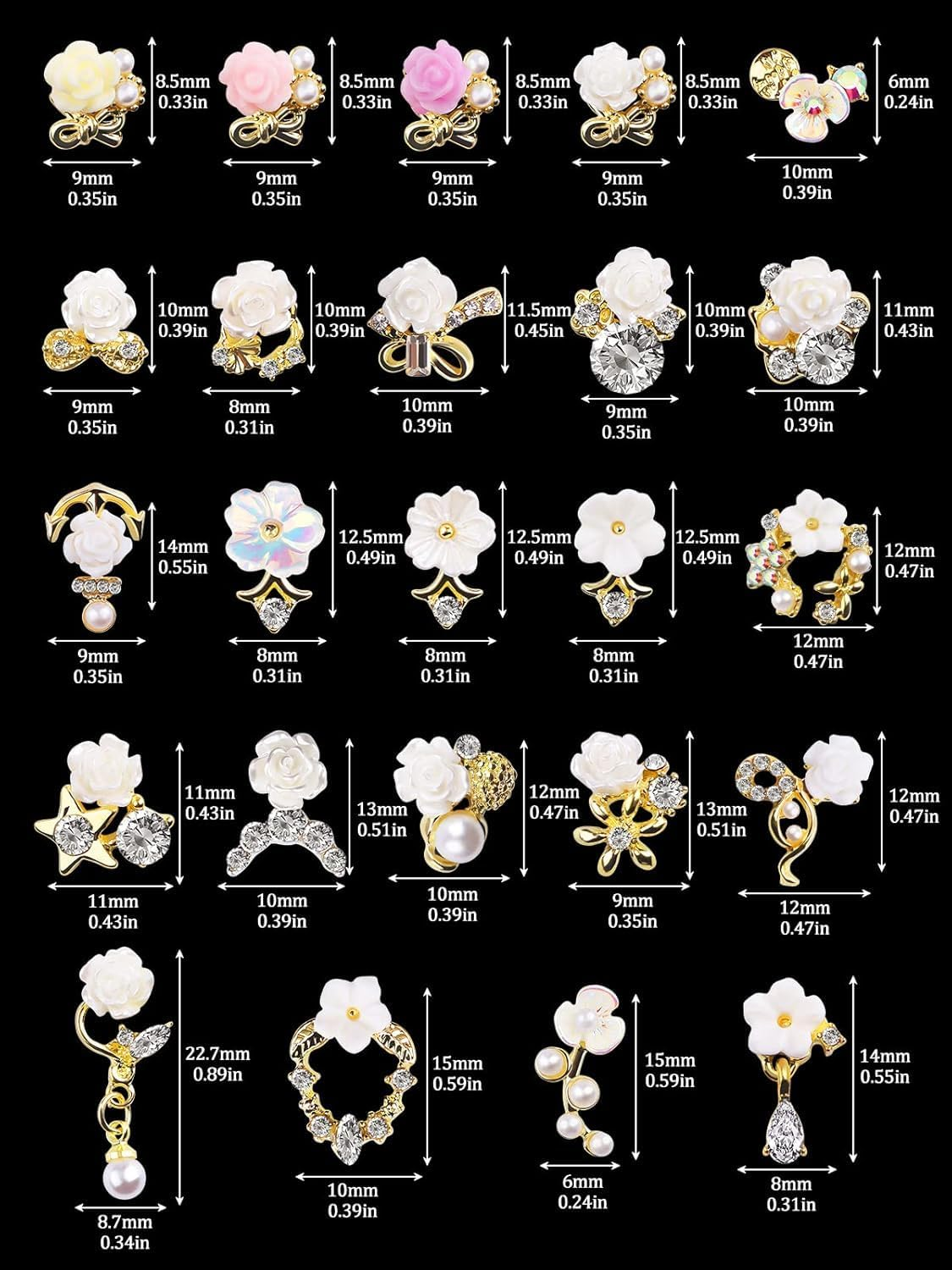 3D Flower Nail Charms Rhinestone, Kalolary White Flower Acrylic Nail Pendant Camellia Cherry Blossoms Nail Art Decorations for Spring Summer Nail Art Designs image number 4