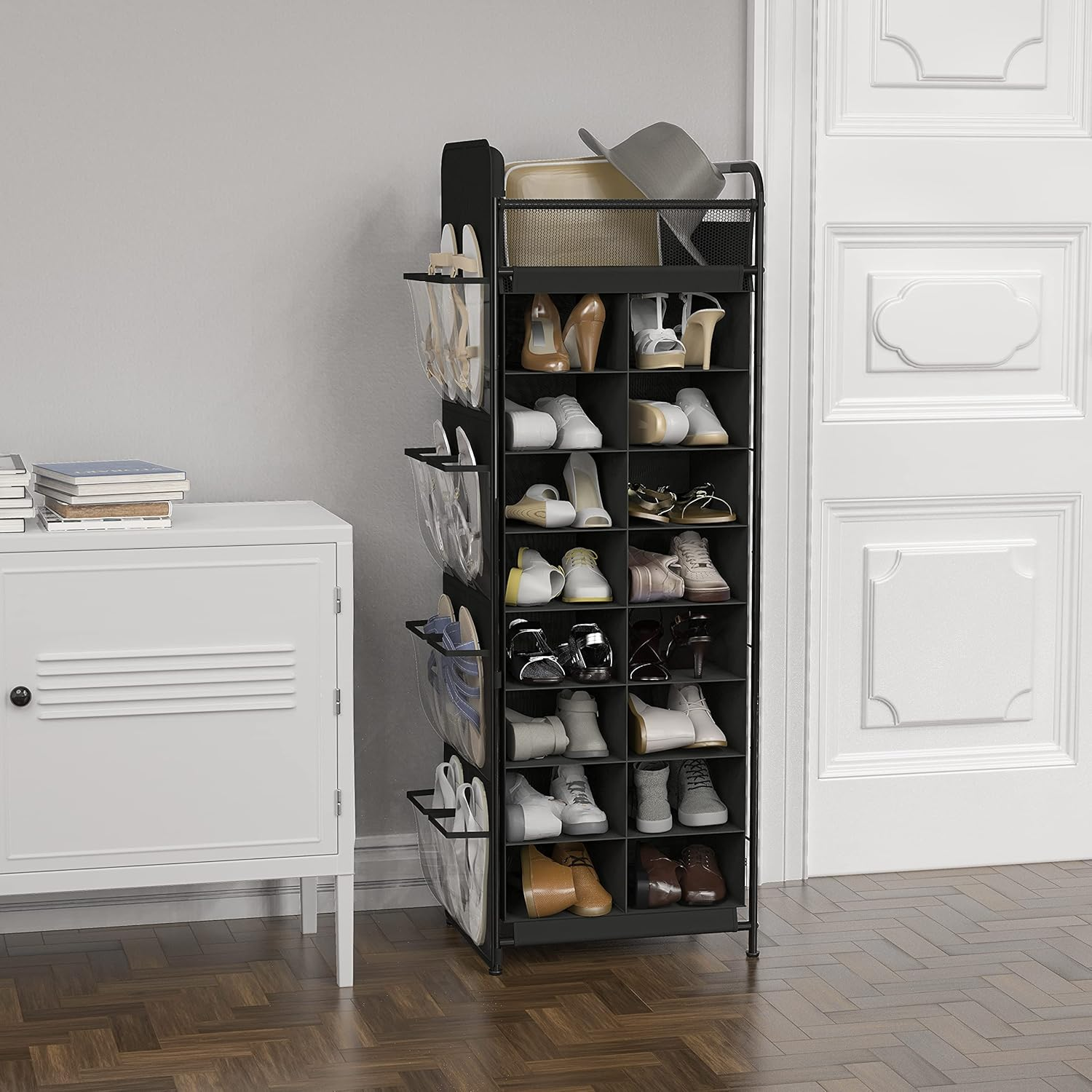 Simple Houseware 8 Tier Shoe Rack, 16 Cube with Top Shelf and Side Hanging Bag, Black image number 4