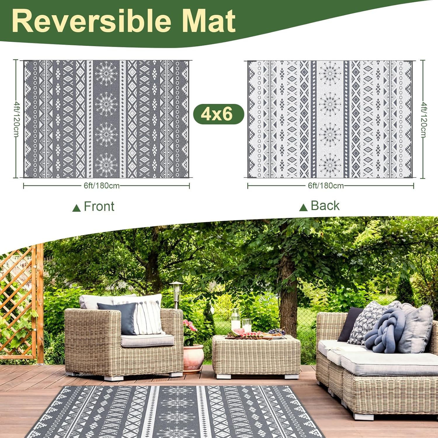 Mokani Outdoor Rug for Patio Waterproof, Reversible Garden Rugs 120X180Cm, Large Plastic Rugs, Lightweight Foldable Boho Area Rugs, UV Resistant Indoor Outdoor Carpet Mats for RV, Balcony, Beach, Deck image number 2
