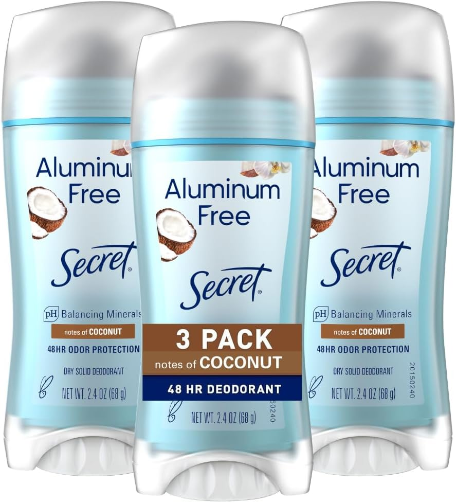 Secret Aluminum Free Deodorant for Women, 48Hr Odor Protection, Naturally Derived Ingredients, Free of Parabens Dyes Talc & Baking Soda, PH Balanced, Dry Solid, Coconut Scent, 2.4 Oz (Pack of 3) image number 6