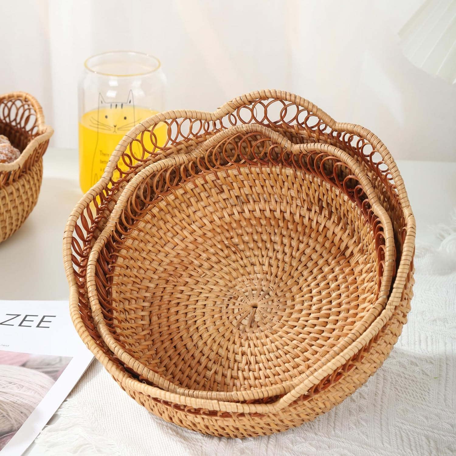 Rattan Bread Basket for Serving,Set of 2（8&rsquo;&rsquo;/9&rsquo;&rsquo;）Round Fruit Basket,Picnic Baskets,Natural Woven Serving Basket Bowls,Handmade Decorative Baskets for Kitchen Counter, Organizing, Storage, Home Decor