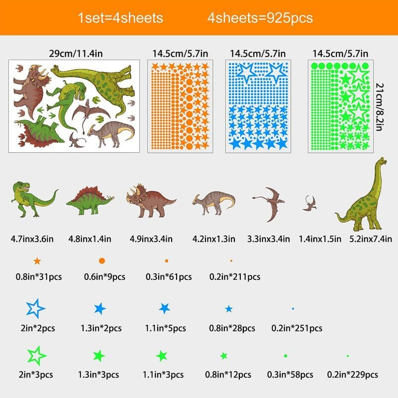 925Pcs Glow in the Dark Dinosaur Wall Decals Removable DIY Glowing Blue Green Yellow Stars and Dots Wall Stickers PVC Peel and Stick Fluorescent Luminous Wall Decor for Kids Bedroom Baby Boys image number 1