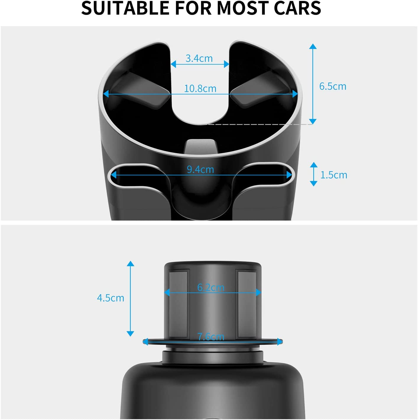 Car Cup Holder Expander with Cell Phone Stand, Adjustable Base - Rubber Tabs Cup Holder Fits Most Bottles and Cup. (Large, Black) image number 4