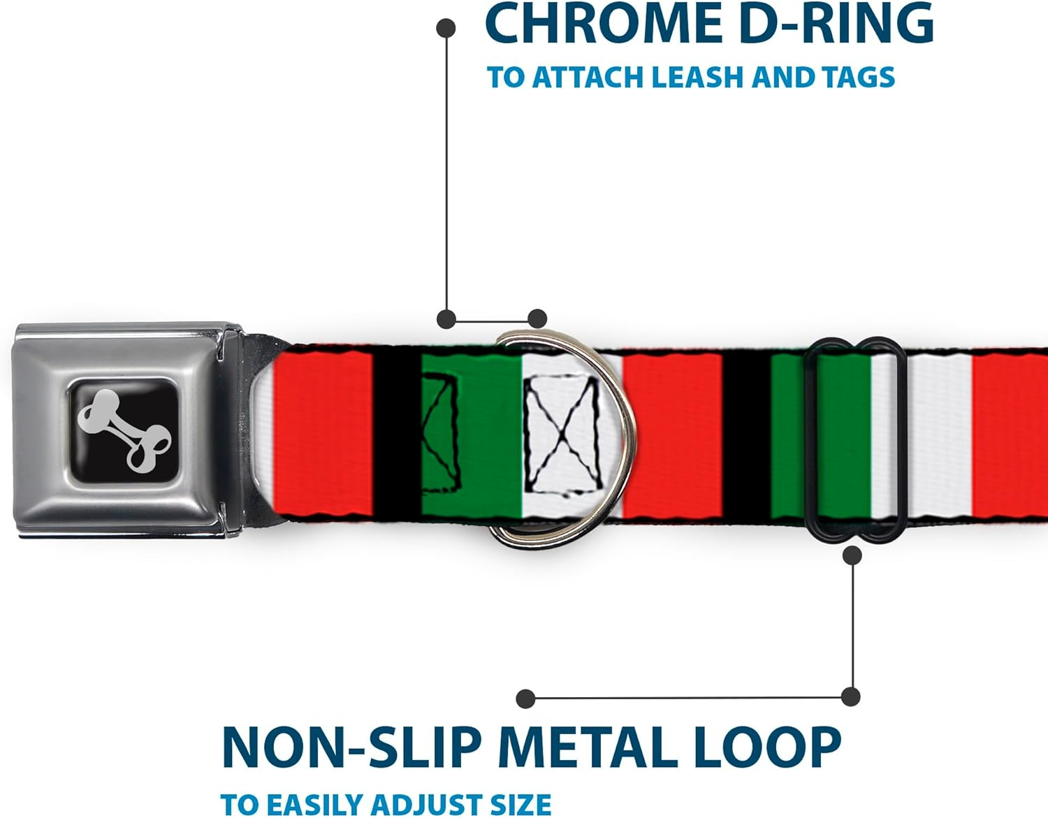 Dog Collar Seatbelt Buckle Italy Flags 11 to 17 Inches 1.0 Inch Wide