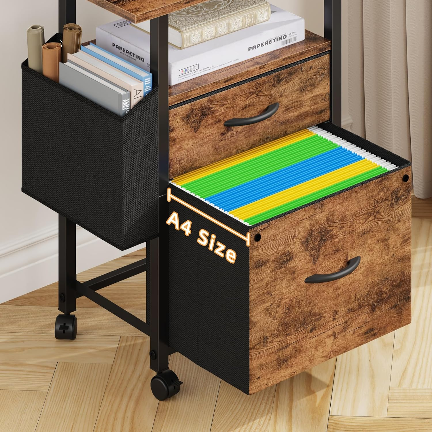 GYIIYUO 2 Fabric Drawer File Cabinet with 24'' Extended Desktop, Mobile Filing Cabinet, Rolling File Cabinet with Side Bag, Fits A4 Size, Home Office, Light Brown image number 3