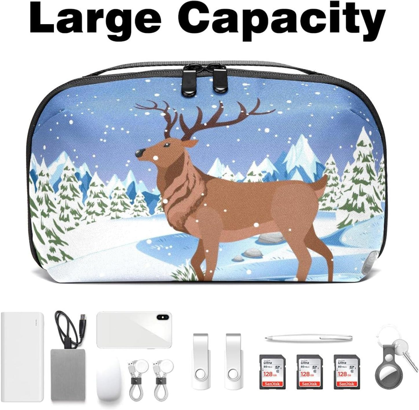 Large Makeup Bag Zipper Pouch Waterproof Travel Cosmetic Organizer for Women and Girls, Christmas Cartoon Elk