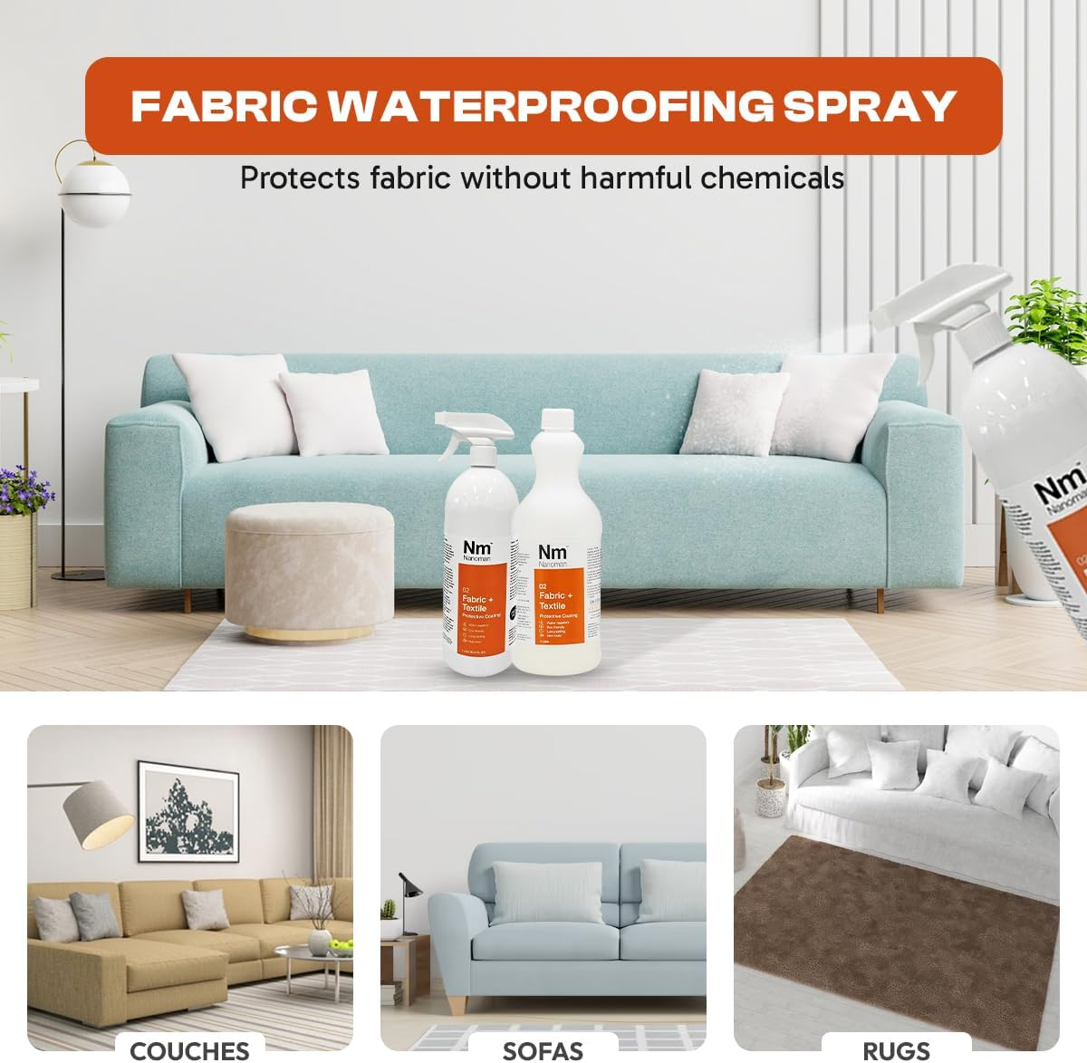 Water Repellent/Waterproof Spray for Fabric & Textiles. Latest Nanotech Formula. Eco Friendly. No PFAS or Alcohols. Stain & Liquid Protection Spray for Fabric Incl. Couches, Sofas Clothes & Rugs
