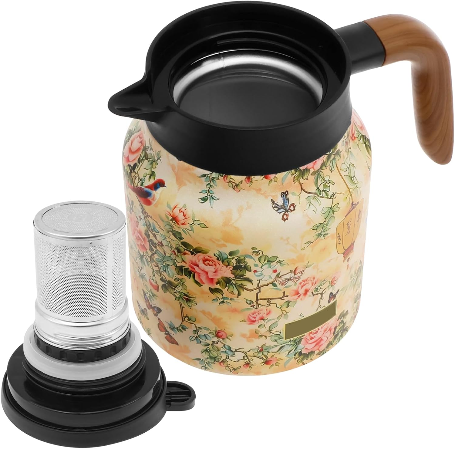 Thermal Tea Pot with Handle and Built in Infuser Stainless Steel Insulated Tea Kettle Flower Pattern Insulated Infuser Pot Practical Thermal Carafe for Home Office Zjmcajy(Beige) - Beige image number 4