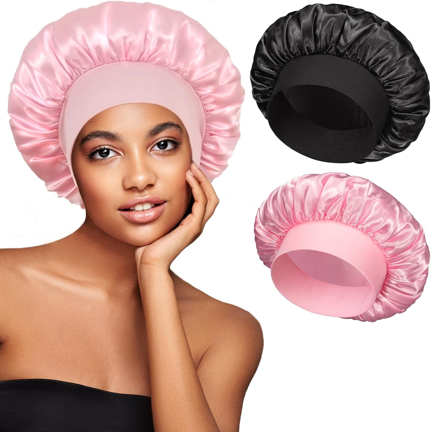 2Pcs Satin Bonnets for Women, Silk Hair Bonnet for Sleeping, Wide Soft Band Large Silky Sleep Cap for Curly Hair Braids