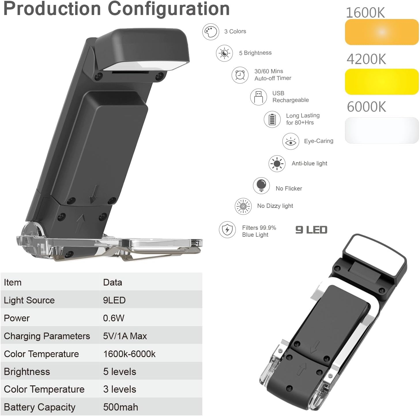 Bigqin Reading Light Book Lamp for Reading at Night, 3 Eye-Protecting Modes & 5 Dimmable Brightness USB Rechargeable Reading Lamp Portable Book Light, Black (With 100 Index Labels) image number 3