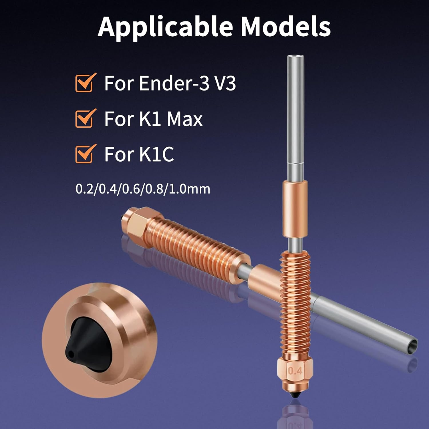 K1C Nozzles,Unicorn Quick-Swap Nozzle 0.2/0.4/0.6/0.8/1.0Mm Copper Alloy and Hardened Steel Nozzle High Temperature Resistant Nozzles for Ender-3 V3 K1C K1 Max 3D Printer (0.2Mm) image number 3