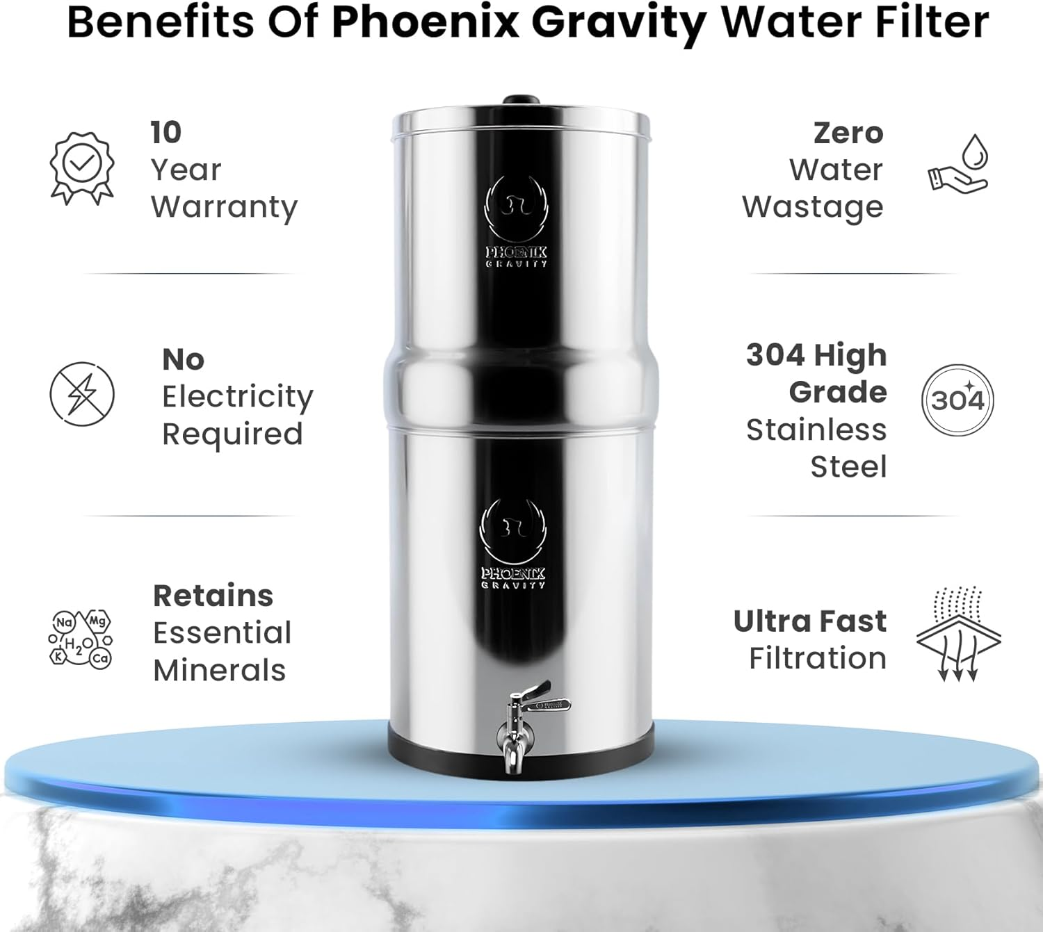 8 Litre Gravity Fed Stainless Steel Drinking Water Filter with 2 Phoenix Carbon Water Filter Cartridges, Stainless Steel Tap. image number 3