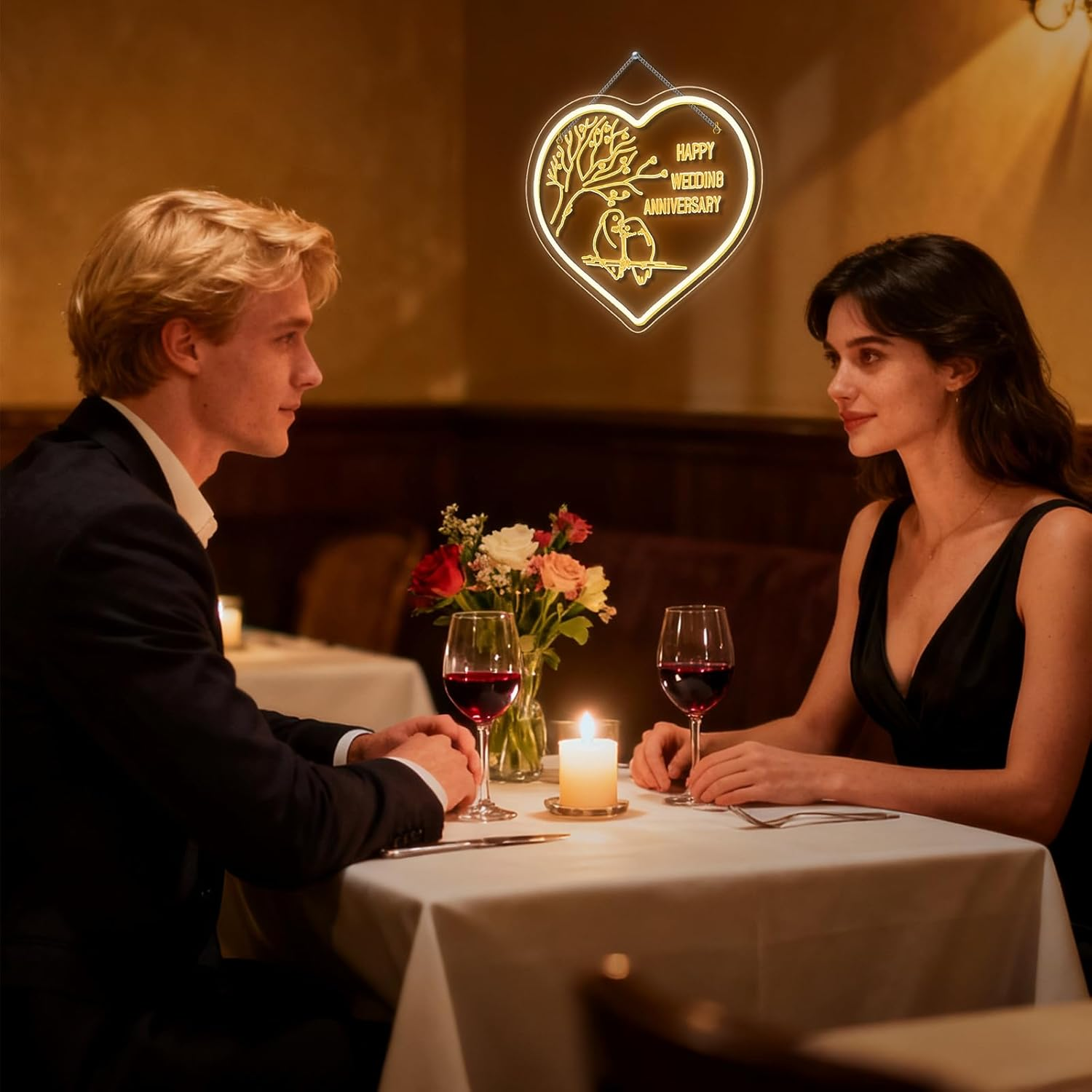 SIGNSHIP Happy Wedding Anniversary Neon Sign Wedding Anniversary LED Sign Dimmable Love Bird LED Lettering Heart Shape Light Signs Decor for Anniversary, Party, Candle Light Dinner, Photo Requist - Happy Wedding Anniversary image number 4