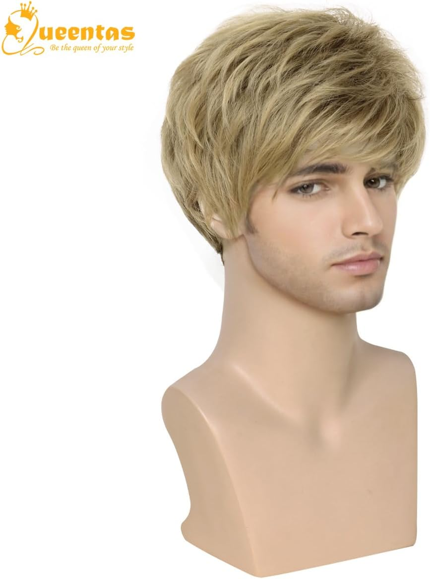 QUEENTAS Men Wig Short Blonde Brown Wigs for Men Natural Cosplay Synthetic Hair Wig image number 1