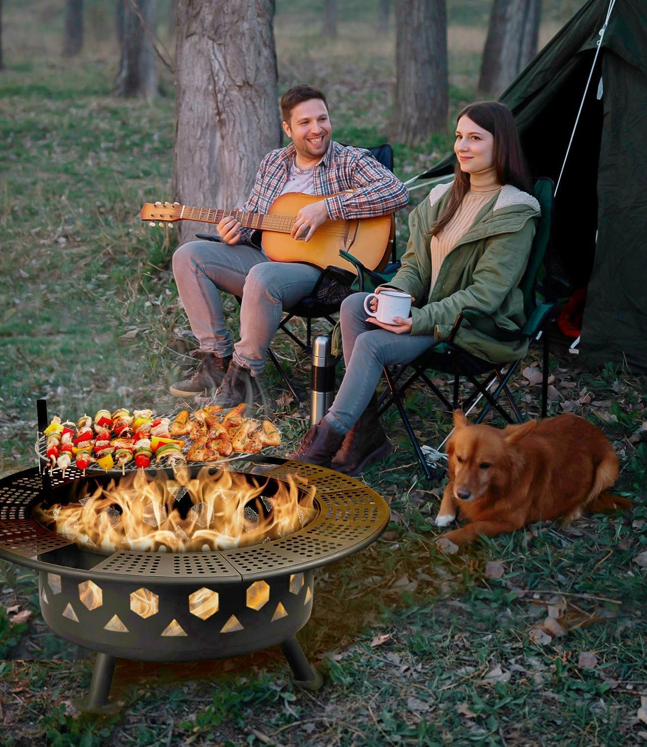 Bettermade 32 Inch Outdoor Fire Pit, 2-In-One Large Camping Fire Pits for outside with Cooking Grill and Fire Poker, Wood Burning Firepit for Bbq,Warm Up, Patio, Bonfire, Camping, Picnic. image number 1